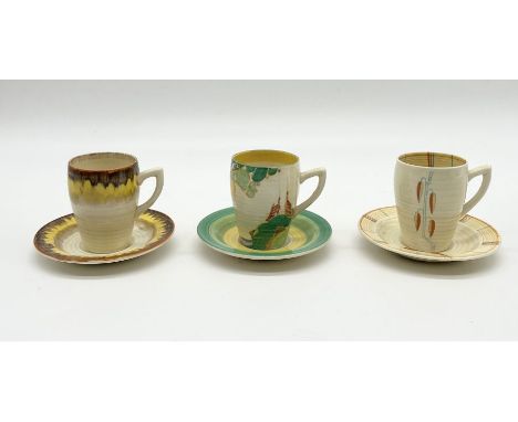 Three Clarice Cliff "Bizarre" Lynton cups and saucers including "Secrets" pattern