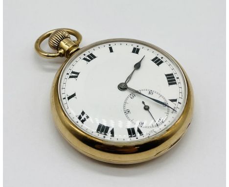 A 9ct gold pocket watch in Dennison watch case, white enamel dial, Roman numerals and subsidiary second hand (appears to be w