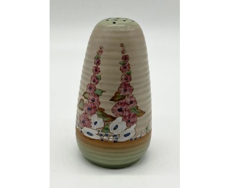 A Clarice Cliff sugar sifter for Wilkinson Ltd with floral hollyhock pattern 