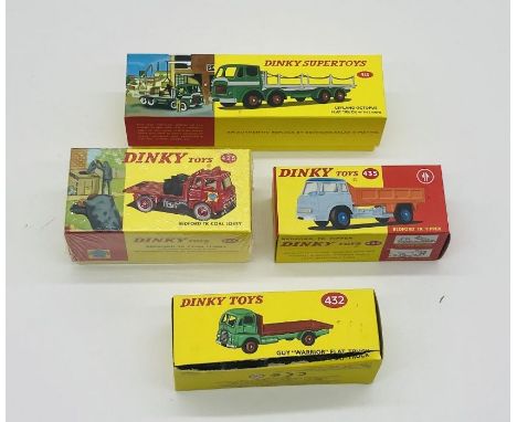 Three boxed modern Atlas Mattel Dinky Toys die-cast vehicles including a Bedford TK Tipper (435), Bedford TK Coal Lorry with 