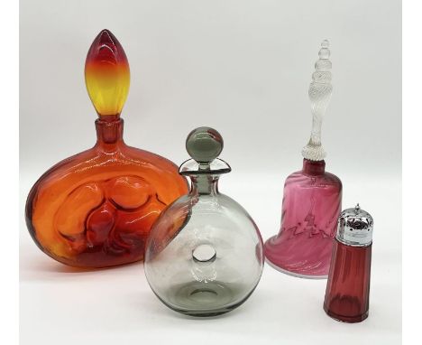 A collection of glass including Wayne Husted for Blenko tangerine decanter (A/F), cranberry glass bell, a dimpled decanter of