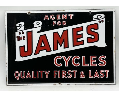 A double sided enamel sign for James Cycles, "Agent for the James Cycles quality first &amp; last"- 44cm x 31cm