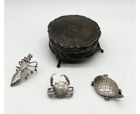 A hallmarked silver trinket box along with 3 SCM animals