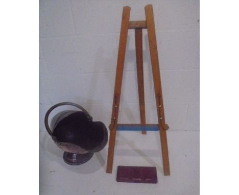 A Copper and brass helmet coal scuttle, a child's Triang blackboard easel and a vintage metal paint box  