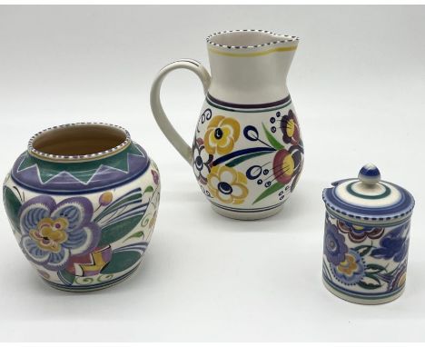 Three pieces of Poole Pottery including vase by Hilda Hampton, smaller jam pot and larger modern jug