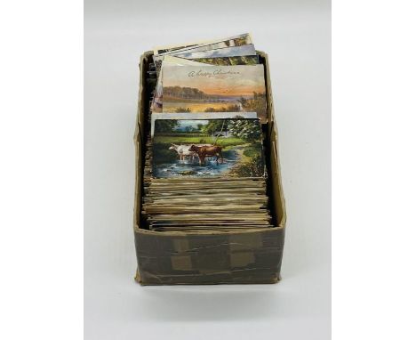 A box of vintage postcards