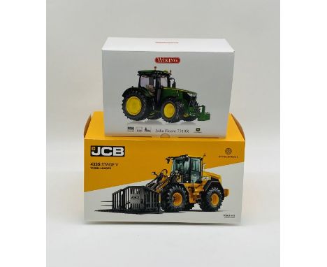 A boxed JCB 435S Stage V Wheel Loader die-cast model, along with a boxed Wiking John Deere 7310R die-cast tractor
