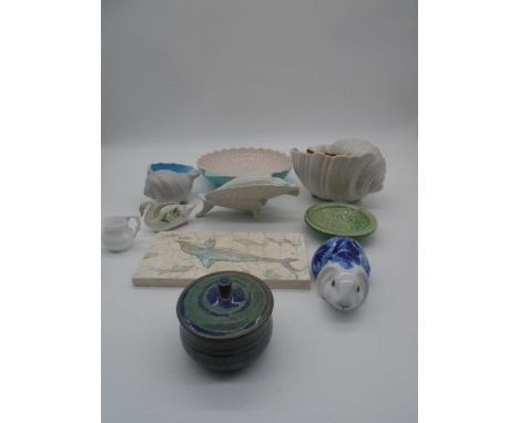 An assorted lot including Poole Pottery shells, a Mintons meat charger, vintage bird dish, lamp etc 