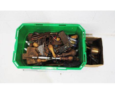 A quantity of various tools including set squares, draw knife, pliers, mallets etc.