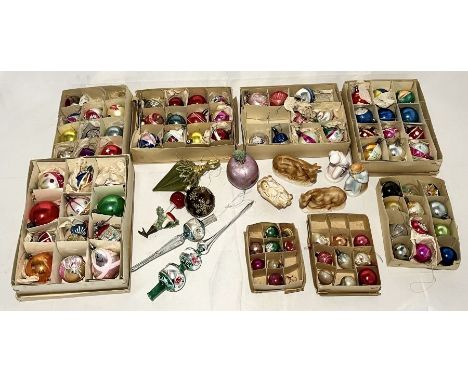 A collection of boxed vintage baubles and Christmas decorations 