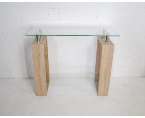 A modern console table made from wood and glass - length 90cm, depth 35cm, height 73cm