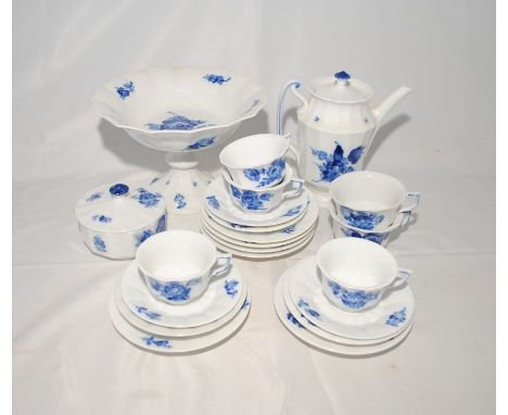 A Royal Copenhagen blue flower part tea set (pattern number 8608) including teapot, cups, saucers, raised dish etc.