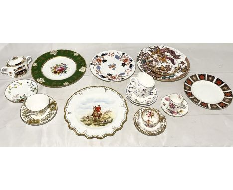 A collection of mainly Royal Crown Derby including hunting plate, Rutland sugar bowl, Green Derby Panel, Olde Avesbury, Chats