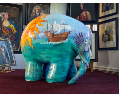 An Elmer Elephant, 'Compass Rosie' painted by Anne-Marie Byrne, height approx 110cm. Anne-Marie is a Suffolk-based artist, an