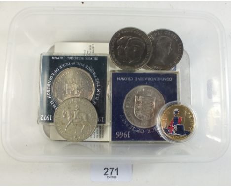 A quantity of miscellaneous coins including commemoratives:  Churchill, Jubilee, Jersey, 1966 crown, 1972 Silver Wedding, 196