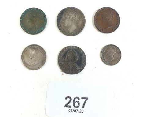 A group of six coins: George III 1795 four pence (older bust). George IV 1826 sixpence, a Victoria two pence  Maundy coin 185