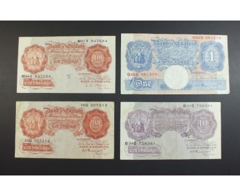 Four Bank of England notes: three ten shillings Chief Cashier K O Peppiatt (red) prefix 19U, (mauve) prefix 003D, (blue) £1 p