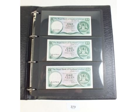 A banknote album containing 35 notes with examples from The Royal Bank of Scotland Ltd £1 -  prefixes:  A/10, A/24, A/27, A/5