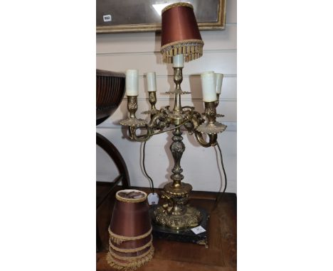 A gilt metal five light candelabrum, fitted as a table lamp