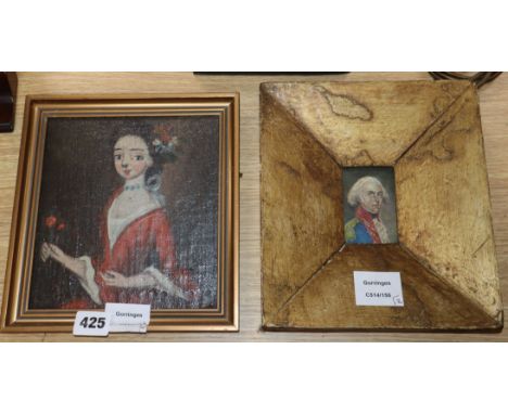 18th century English School - oil on canvas, Naive portrait of a lady, 18 x 17cm and a sketch of an army officer