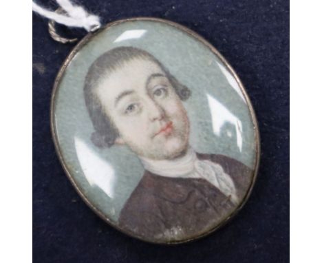 Late 18th century English School, oil on ivory, Miniature portrait of a gentleman in a brown coat 3.5 x 3cm