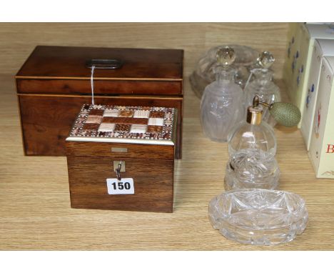 A George III yew tea caddy and a hardstone mounted box