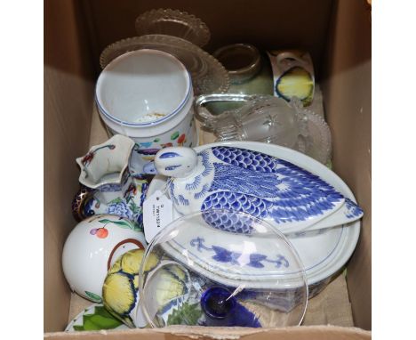 Miscellaneous ceramics and glassware, including a blue and white 'duck' tureen, a Chinese crackle-glazed pot and cover with l