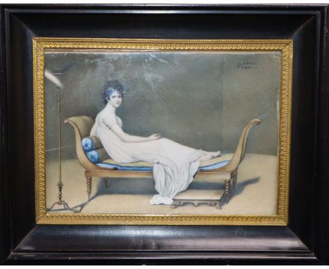 Cagnet after David, oil on ivory, Miniature portrait of a lady reclining upon a settee, signed 11 x 16cm