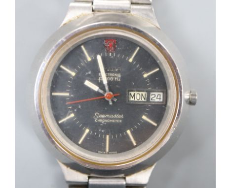 A gentleman's 1970's? stainless steel Omega Seamaster Electronic F300Hz Chronometer wrist watch, with black dial and day/date