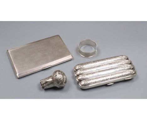 A Victorian engraved silver cigar case, an 'Elder Dempster' souvenir silver penknife and three other items, including an engi