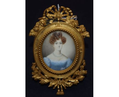 Victorian School, oil on ivory, Miniature portrait of a lady in blue dress in ornate ormolu frame 6 x 4.5cm