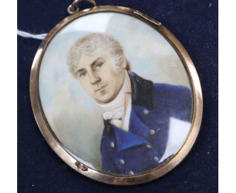 19th century English School, oil on ivory, Miniature portrait of a gentleman wearing a blue coat 7 x 5.5cm