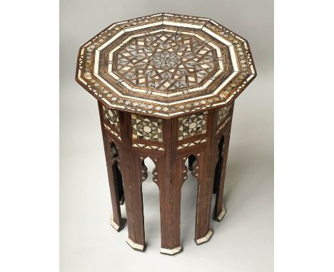 MOORISH TABLE, early 20th century Moorish decagonal hardwood with intricate bone ebony and mother of pearl inlay, 42cm x 52cm