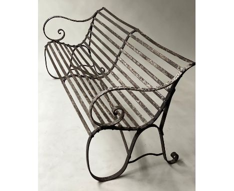 REGENCY PARKLAND BENCH, 19th century estate bench wrought iron with scroll arms and swept supports, 183cm W. 