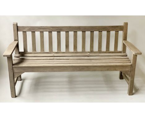 LISTER GARDEN BENCH, weathered teak of slatted construction by Lister, 159cm W. 