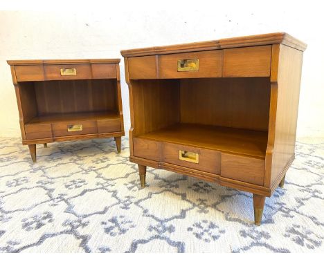 JOHN WIDDICOMB BEDSIDE/LAMP TABLES, a pair, 1950's American cherrywood, each having two drawers and open shelf with campaign 
