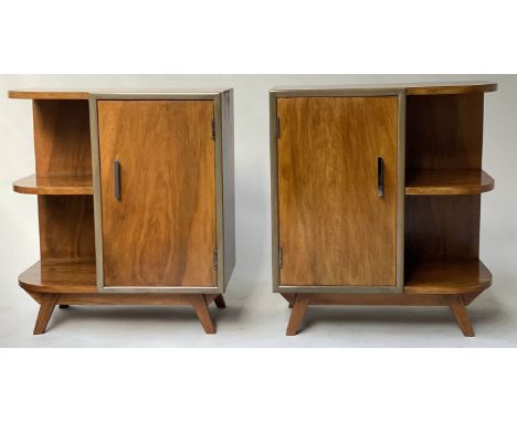 ART DECO BEDSIDE CABINETS, an opposing pair, walnut, each with panelled door and shelf, 68cm H x 61cm x 33cm. (2) 