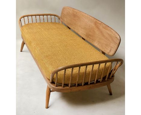 ERCOL SURFBOARD DAYBED SOFA, Ercolani elm and beech bentwood with orange cushion, 208cm W. 