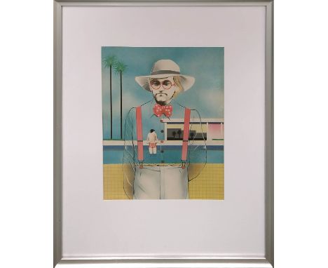 DAVID HOCKNEY 'Peter Getting out of Nick's Pool with Self Portrait', off set lithograph in colours, 33cm x 26cm, framed. 