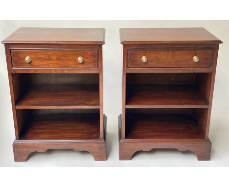 BEDSIDE/LAMP TABLES, a pair, American Georgian design cherrywood each with a frieze drawer and two shelves, 55cm x 75cm H x 4