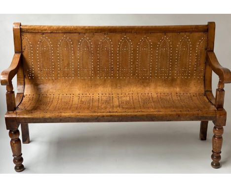 WAITING ROOM BENCH, Victorian birch, mahogany and bentwood with Gothic pierced tracery and turned front supports, 152cm W. 