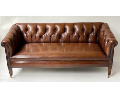 SOFA, early 20th century mahogany and hand dyed mid brown leather with button back and arms and square tapering supports, 158