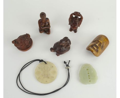 NETSUKE, carved boxwood, a hen, a tortoise with rabbit, Buddha, nude lady along with a carved bone face, white Jade long life
