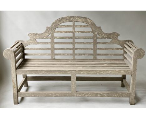 AFTER SIR EDWIN LUTYENS, Lutyens style garden bench, weathered teak and slatted, 168cm W. 