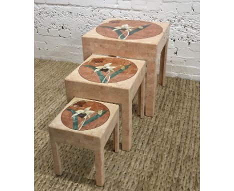 NEST OF THREE TABLES, 1980s Maitland-Smith style tessellated stone with mother of pearl, brass and faux malachite inlays, lar