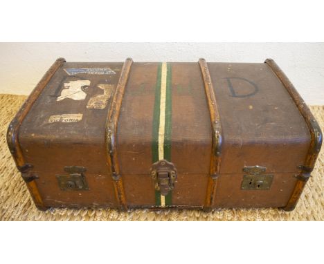 TRUNK, early 20th century canvas and bentwood with brass studs and mounts bears original luggage labels including Le Grand Ho