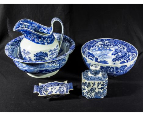 Five pieces of blue and white transfer printed Spode including two bowls, a jug, bon bon dish and a lidded jar