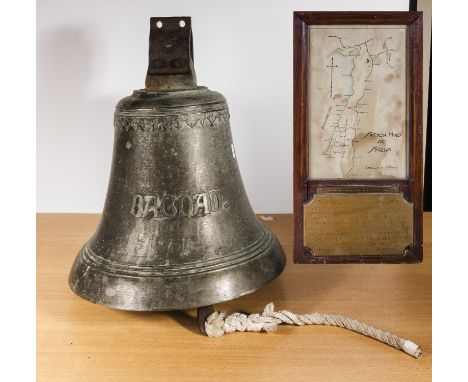 A large bronze bell and a military plaque, plaque dated Oct. 1918. The bell came from Mouslimiie Junction 8 miles north of Al