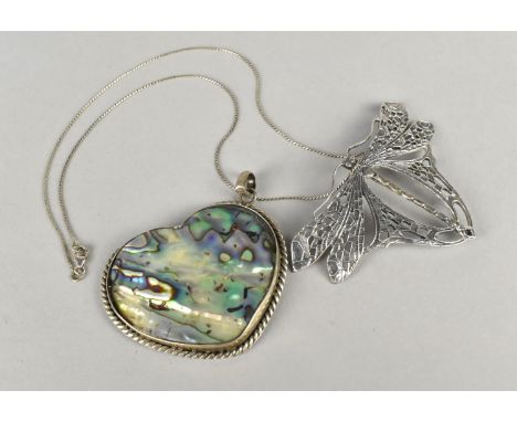 A Large Silver Butterfly Pendant in the Art Nouveau Style, 8cm wide On Silver Chain Together with a Paua Shell and Silver Mou