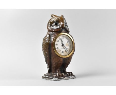 A Novelty German Brown Painted Cast Pewter Mantel Clock in the Form of a Standing Long Eared Owl, Glass Eyes, Mercedes Moveme